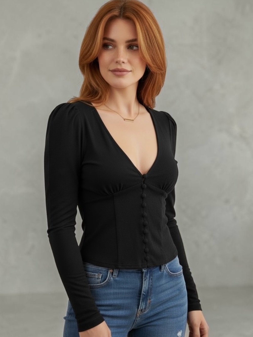 Reformation Nell deep V-neckline covered front buttons Long Sleeve Top Sz: XS